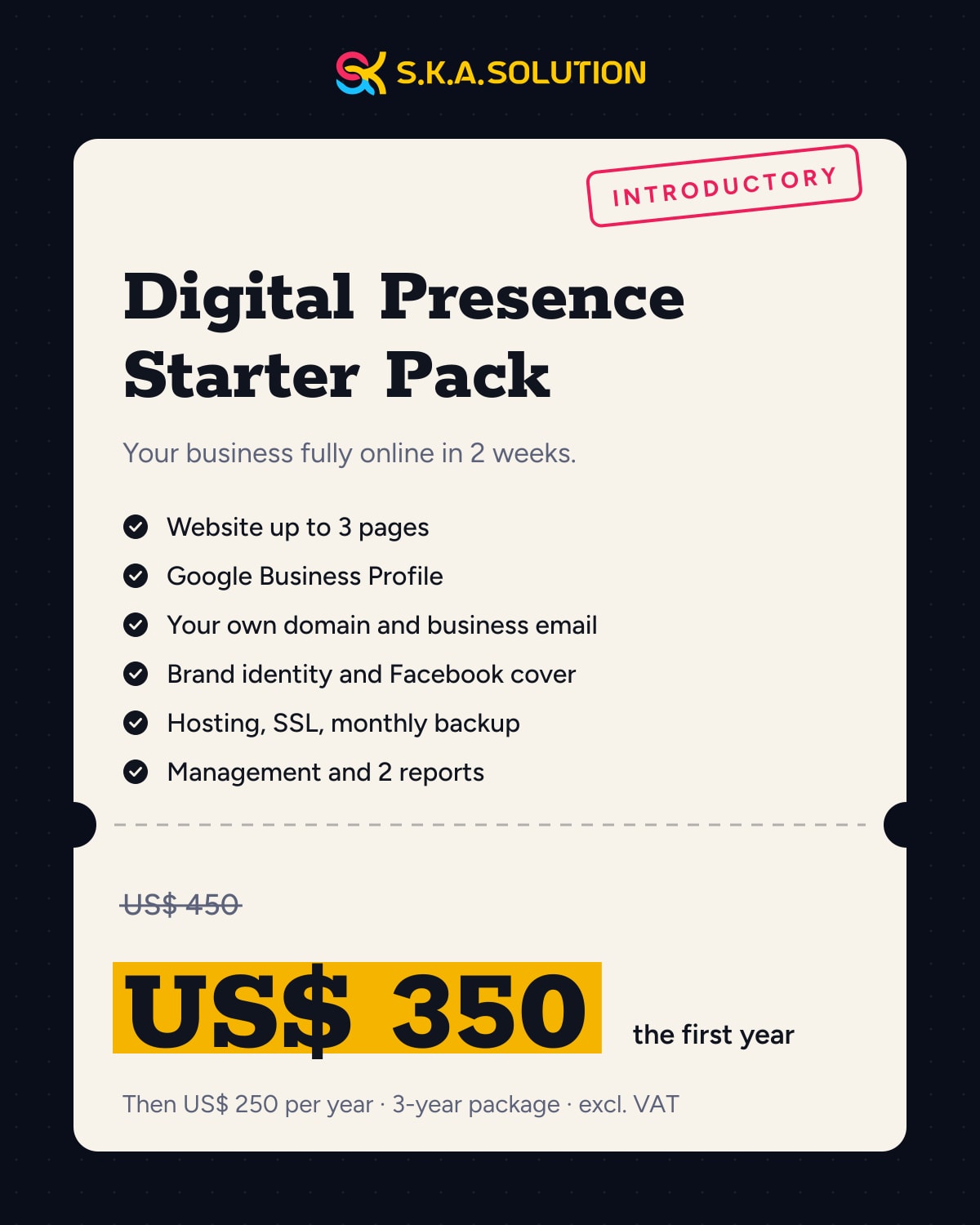 Digital Presence Starter Pack: your business fully online in 2 weeks, US$ 350 for the first year, then US$ 250 per year, 3-year package, excluding VAT. Was US$ 450.